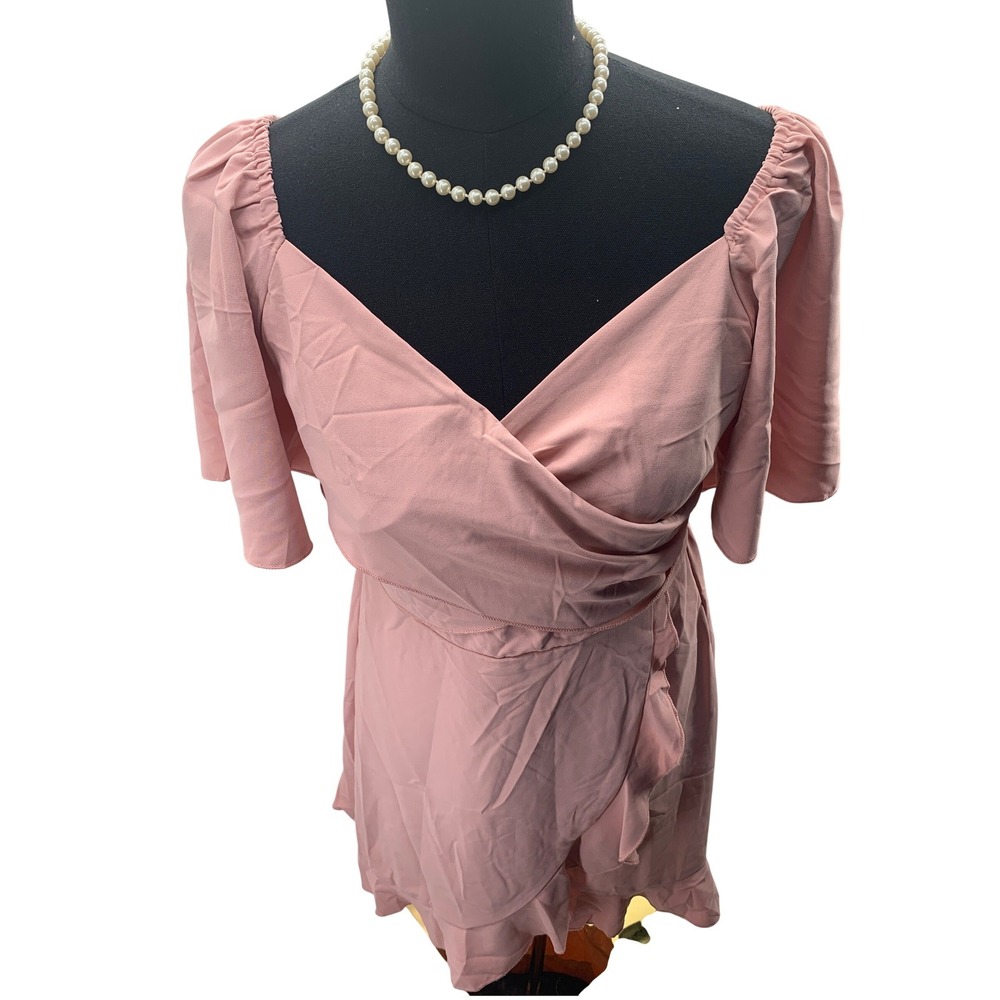 Dokotoo Pink Wrap Ruffle Mini Dress Short Flutter Sleeve Smocked Back Size M NEW